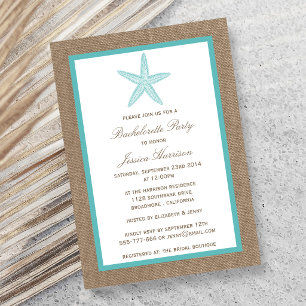 Turquoise Starfish Beach Burlap Bachelorette Party Invitation
