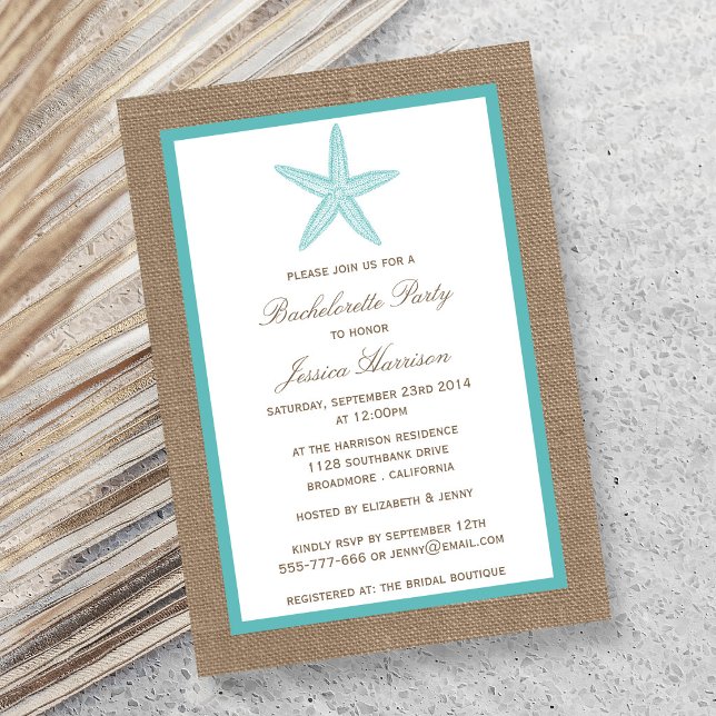 Turquoise Starfish Beach Burlap Bachelorette Party Invitation (Creator Uploaded)