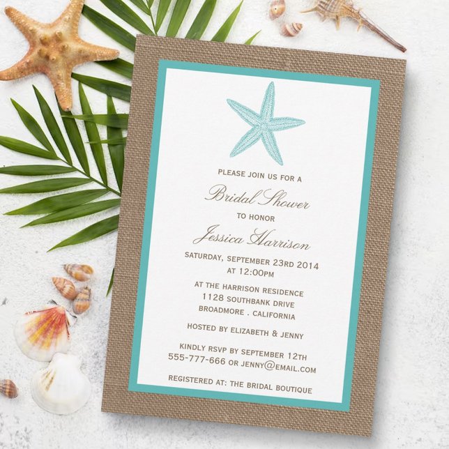 Turquoise Starfish Beach Burlap Bridal Shower Invitation (Creator Uploaded)