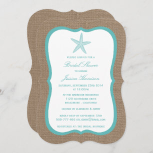 Turquoise Starfish Beach Burlap Bridal Shower Invitation