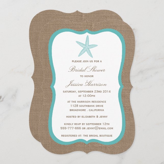 Turquoise Starfish Beach Burlap Bridal Shower Invitation (Front/Back)