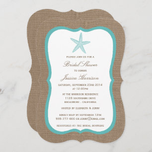 Turquoise Starfish Beach Burlap Bridal Shower Invitation