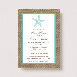 Turquoise Starfish Burlap Beach Baby Shower Invitation