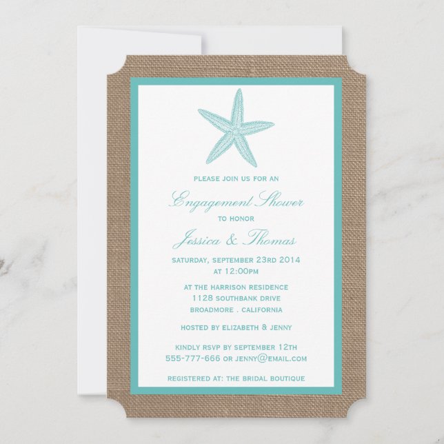 Turquoise Starfish Burlap Beach Engagement Shower Invitation (Front)