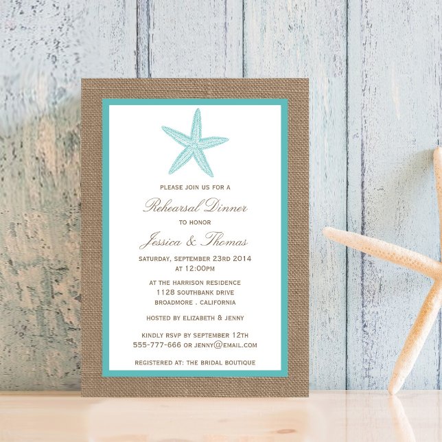 Turquoise Starfish Burlap Beach Rehearsal Dinner Invitation (Creator Uploaded)