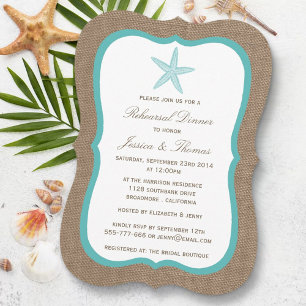 Turquoise Starfish Burlap Beach Rehearsal Dinner Invitation