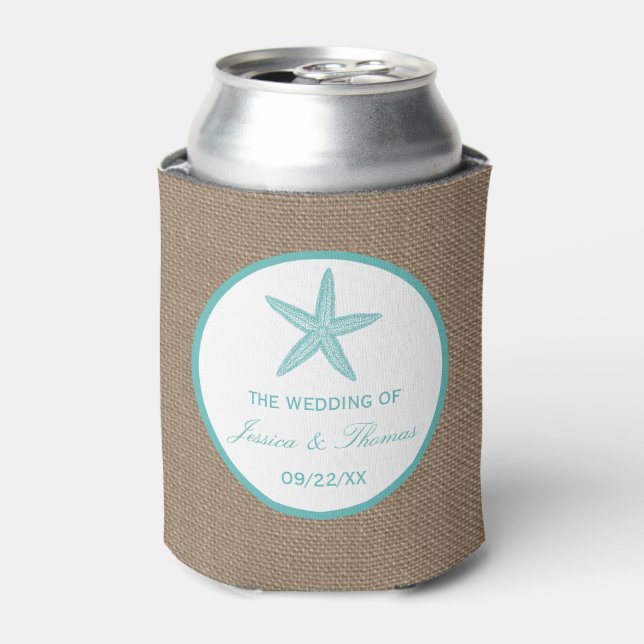 Turquoise Starfish Burlap Beach Wedding Collection Can Cooler (Can Front)