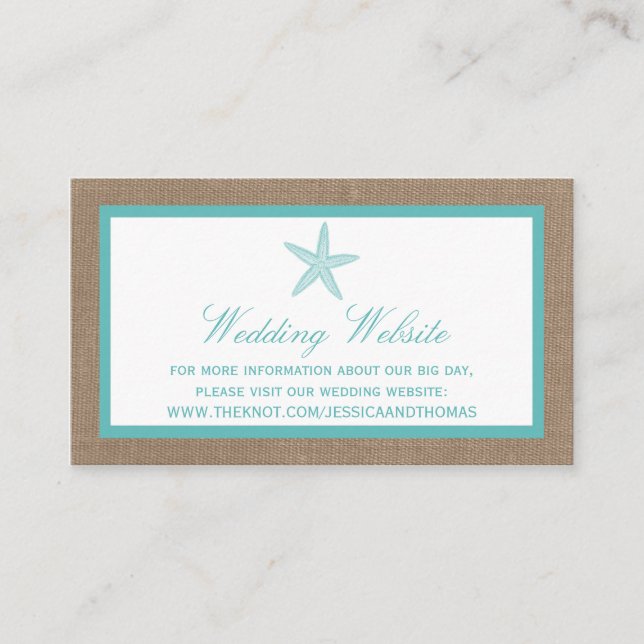 Turquoise Starfish Burlap Beach Wedding Collection Enclosure Card (Front)