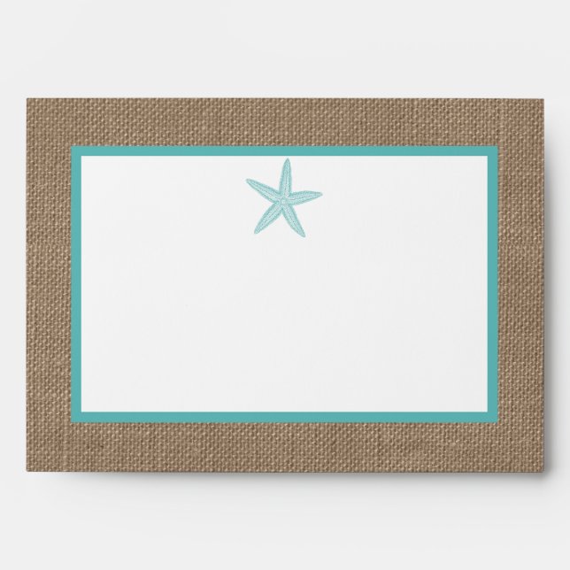 Turquoise Starfish Burlap Beach Wedding Collection Envelope (Front)