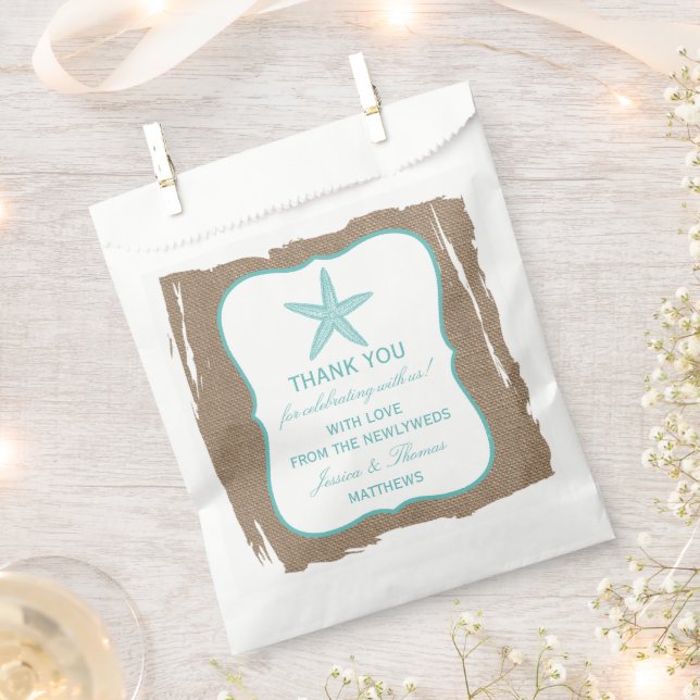 Turquoise Starfish Burlap Beach Wedding Collection Favour Bag (Clipped)