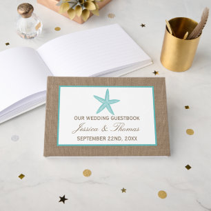 Turquoise Starfish Burlap Beach Wedding Collection Guest Book