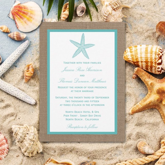 Turquoise Starfish Burlap Beach Wedding Collection Invitation (Creator Uploaded)