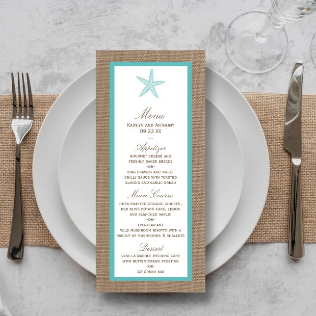 Turquoise Starfish Burlap Beach Wedding Collection Menu (Creator Uploaded)
