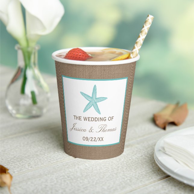 Turquoise Starfish Burlap Beach Wedding Collection Paper Cups (Insitu)
