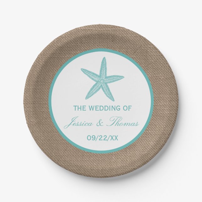 Turquoise Starfish Burlap Beach Wedding Collection Paper Plate (Front)
