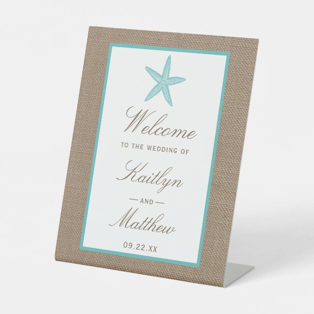 Turquoise Starfish Burlap Beach Wedding Collection Pedestal Sign (Front)