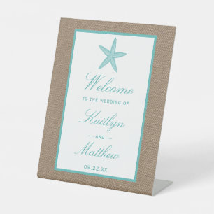 Turquoise Starfish Burlap Beach Wedding Collection Pedestal Sign