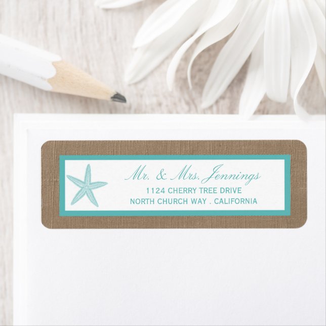 Turquoise Starfish Burlap Beach Wedding Collection Return Address Label (Insitu)