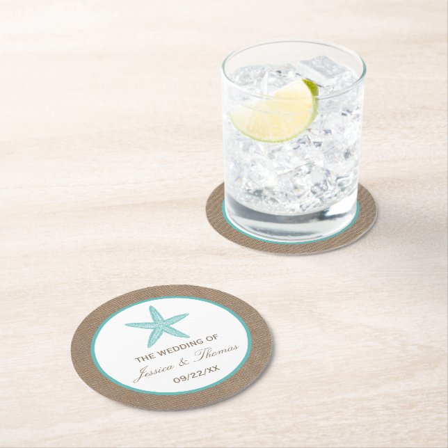 Turquoise Starfish Burlap Beach Wedding Collection Round Paper Coaster (Insitu)