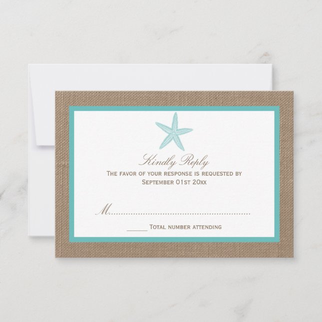 Turquoise Starfish Burlap Beach Wedding Collection RSVP Card (Front)