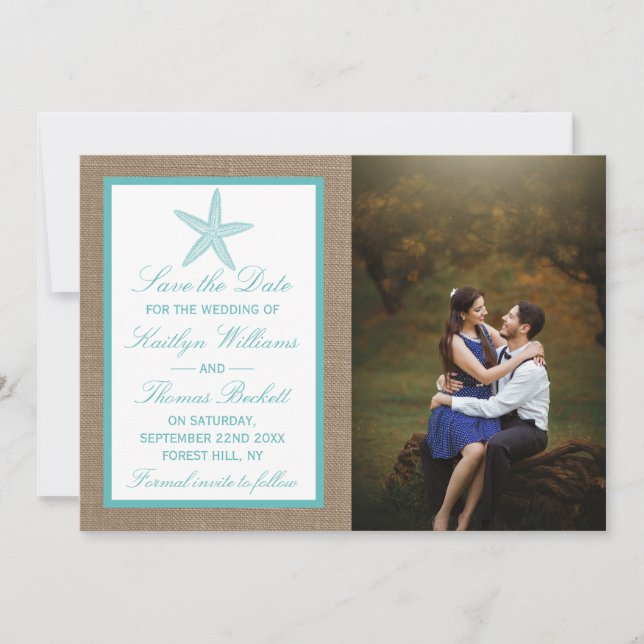 Turquoise Starfish Burlap Beach Wedding Collection Save The Date (Front)