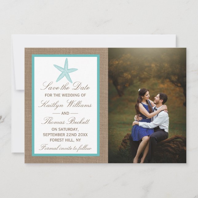 Turquoise Starfish Burlap Beach Wedding Collection Save The Date (Front)