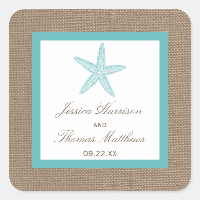 Turquoise Starfish Burlap Beach Wedding Collection Square Sticker (Front)