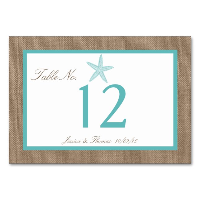 Turquoise Starfish Burlap Beach Wedding Collection Table Number (Front)