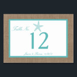 Turquoise Starfish Burlap Beach Wedding Collection Table Number<br><div class="desc">The turquoise starfish on burlap beach wedding collection is perfect for any couple planning a romantic marriage by the sea. The rustic burlap effect background gives these table number cards a boho-chic feel, while the tropical turquoise has a fresh and cool colour scheme that can be used throughout your wedding....</div>