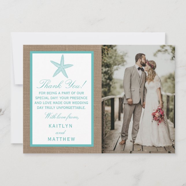 Turquoise Starfish Burlap Beach Wedding Collection Thank You Card (Front)