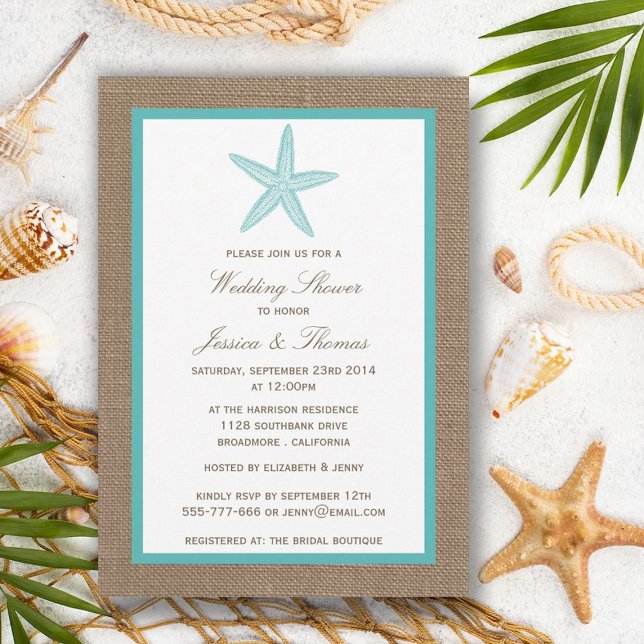 Turquoise Starfish On Burlap Beach Wedding Shower Invitation (Creator Uploaded)