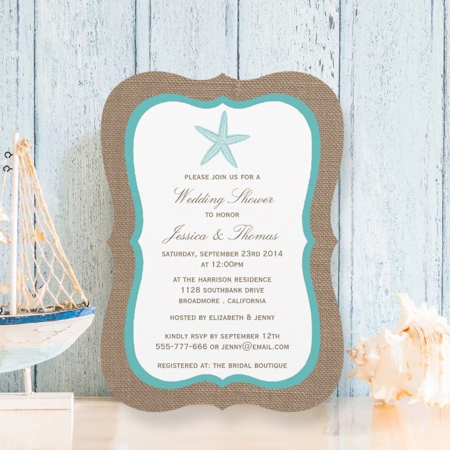 Turquoise Starfish On Burlap Beach Wedding Shower Invitation (Creator Uploaded)