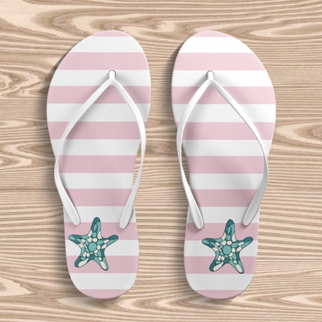 Turquoise Starfish Pink And White Stripes Kid's Thongs (Creator Uploaded)