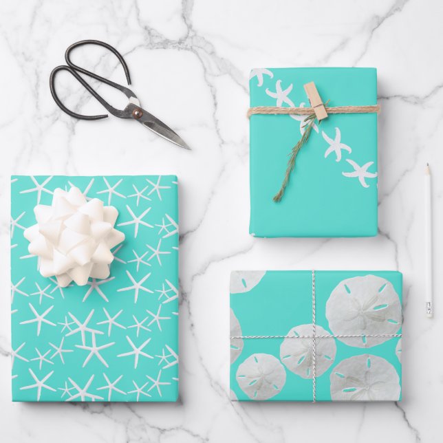 Turquoise Starfish Sand Dollars Wrapping Paper Sheet (Front)
