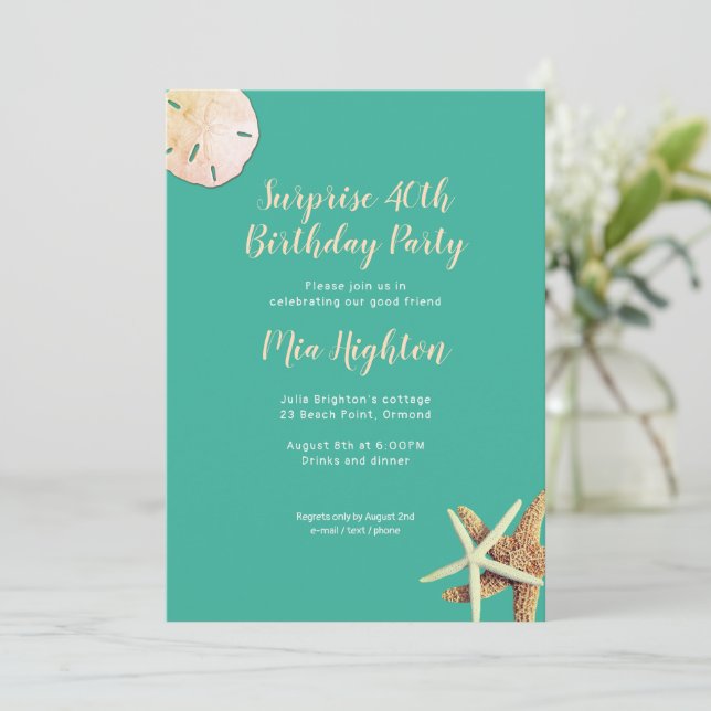 Turquoise Starfish Surprise Birthday Party Invitation (Standing Front)