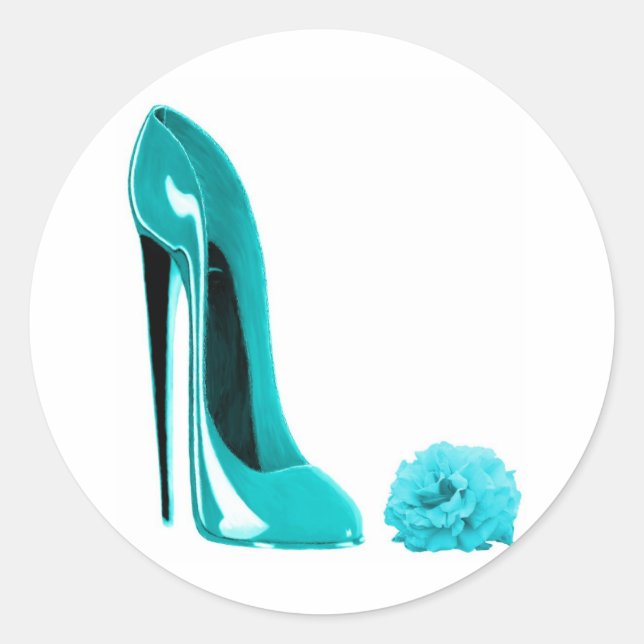 Turquoise Stiletto Shoe and Rose Classic Round Sticker (Front)