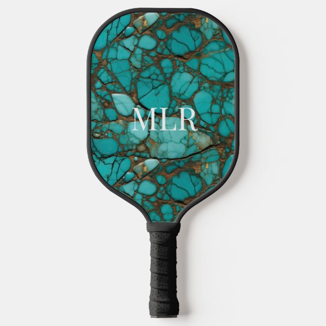Turquoise Stones & Brown Faux Leather Pickleball Paddle (Front)