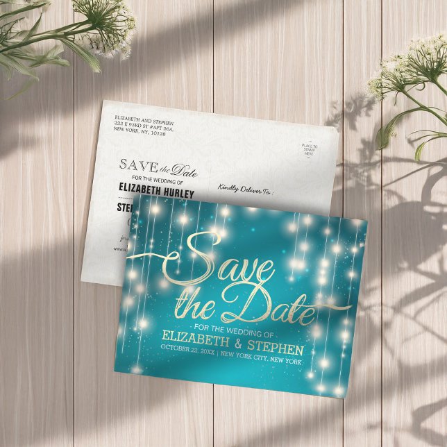 Turquoise String Lights Gold Script Save the Date Announcement Postcard (Creator Uploaded)
