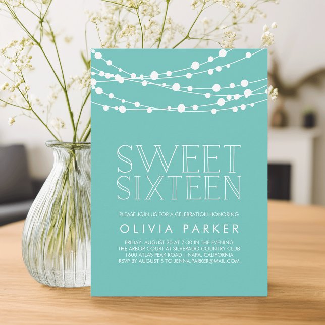 Turquoise String Lights Sweet Sixteen Invitation (Creator Uploaded)
