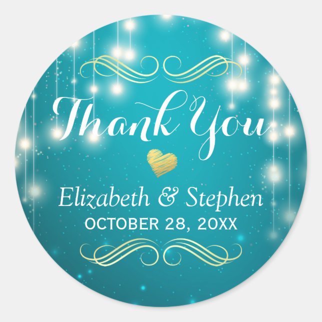 Turquoise String Lights Wedding Favour Thank You Classic Round Sticker (Front)