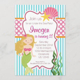 Turquoise Stripe, Pink Polka Dot Blonde Mermaid Invitation