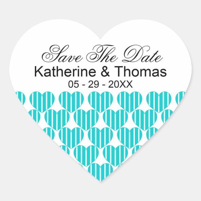 Turquoise Striped Hearts Save The Date Stickers (Front)