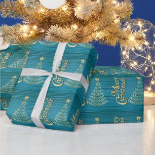 Turquoise Stripes and Gold Scribble Christmas Tree Wrapping Paper