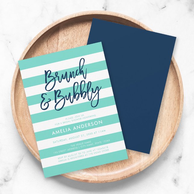 Turquoise Stripes Blue Brunch Bubbly Bridal Shower Invitation (Creator Uploaded)