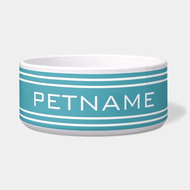 Turquoise Stripes custom monogram pet bowls (Front)
