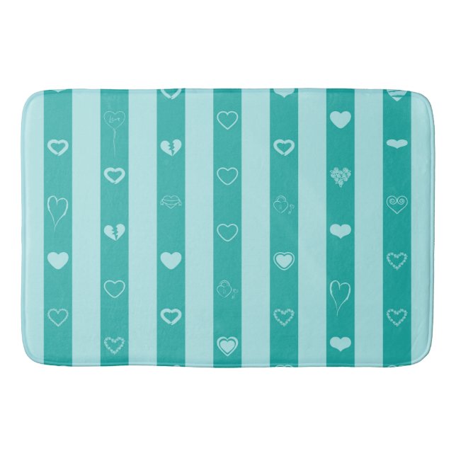 Turquoise Stripes Modern Heart Pattern Bath Mat (Front)
