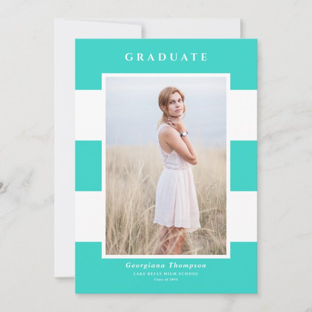 Turquoise Stripes Pattern Photo Graduation Announcement (Front)
