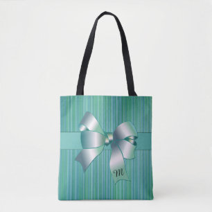 Turquoise Stripes with Bow Tote Bag