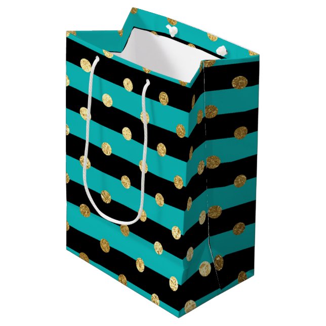 Turquoise Stripes with Polka Dots Birthday Party Medium Gift Bag (Front Angled)