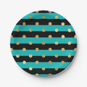 Turquoise Stripes with Polka Dots Birthday Party Paper Plate